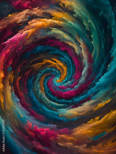A swirling vortex of clouds painted in a dazzling spectrum of colors
