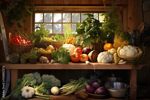 a shelf full of vegetables and fruits