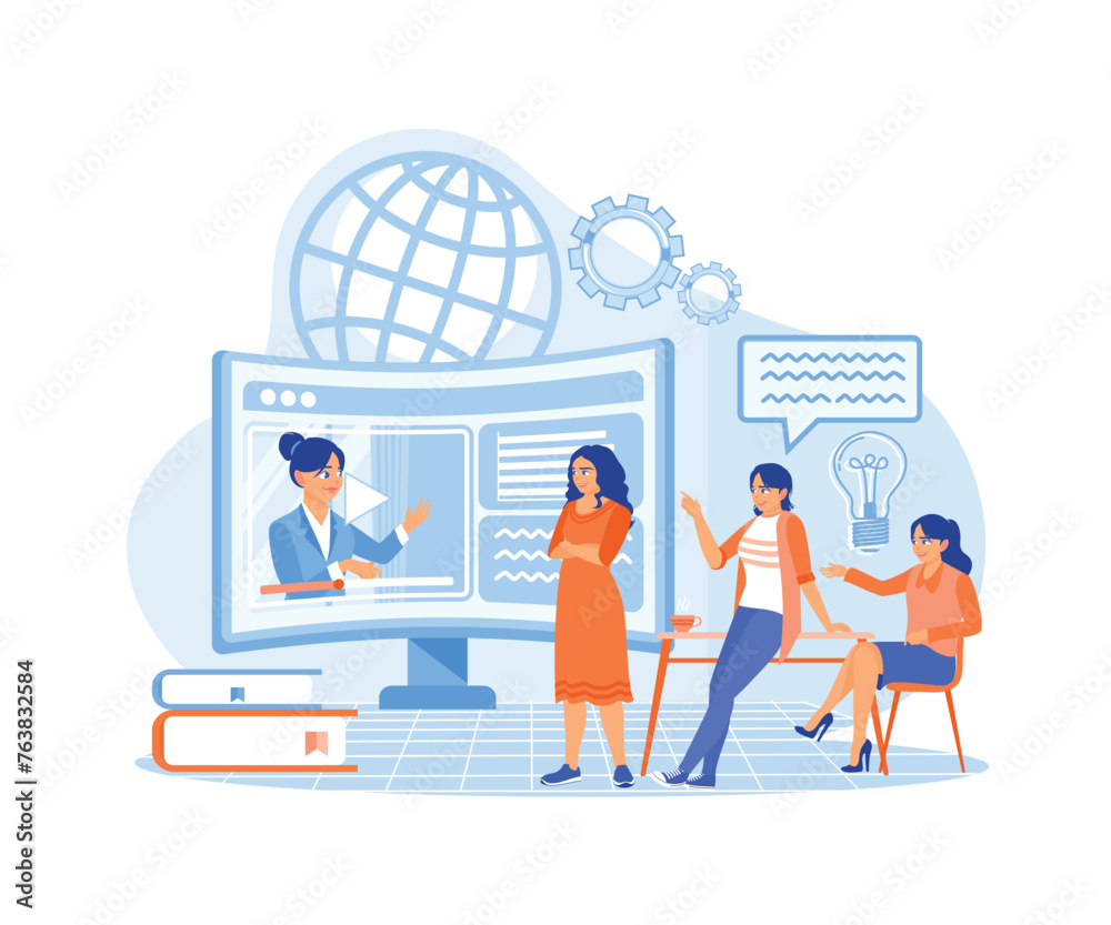 A group of students doing online learning. A lecturer gives an explanation via video on the computer. Business Seminar & Webinar concept. Flat vector illustration.