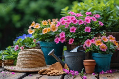 flower pots with pink and yellow flower buds,  watering can and gloves, wooden tabletop