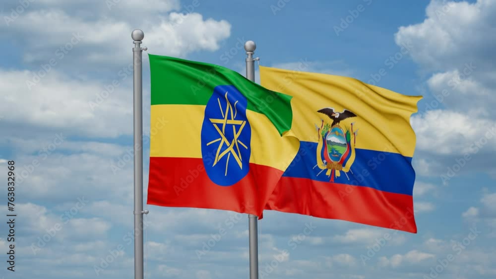 Ecuador and Ethiopia two flags waving together, looped video, two country relations concept Ecuador and Ethiopia two flags waving together, looped video, two country relations concept