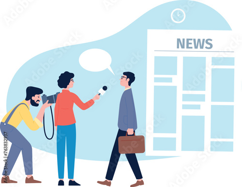 Newspaper reporters asking questions. Tv correspondent interview