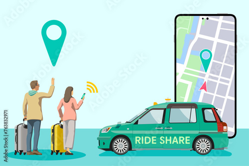 スマートフォンでライドシェアの車を手配する外国人観光客 / タクシー会社のライドシェア参入 / 日本版ライドシェアのベクターイメージ