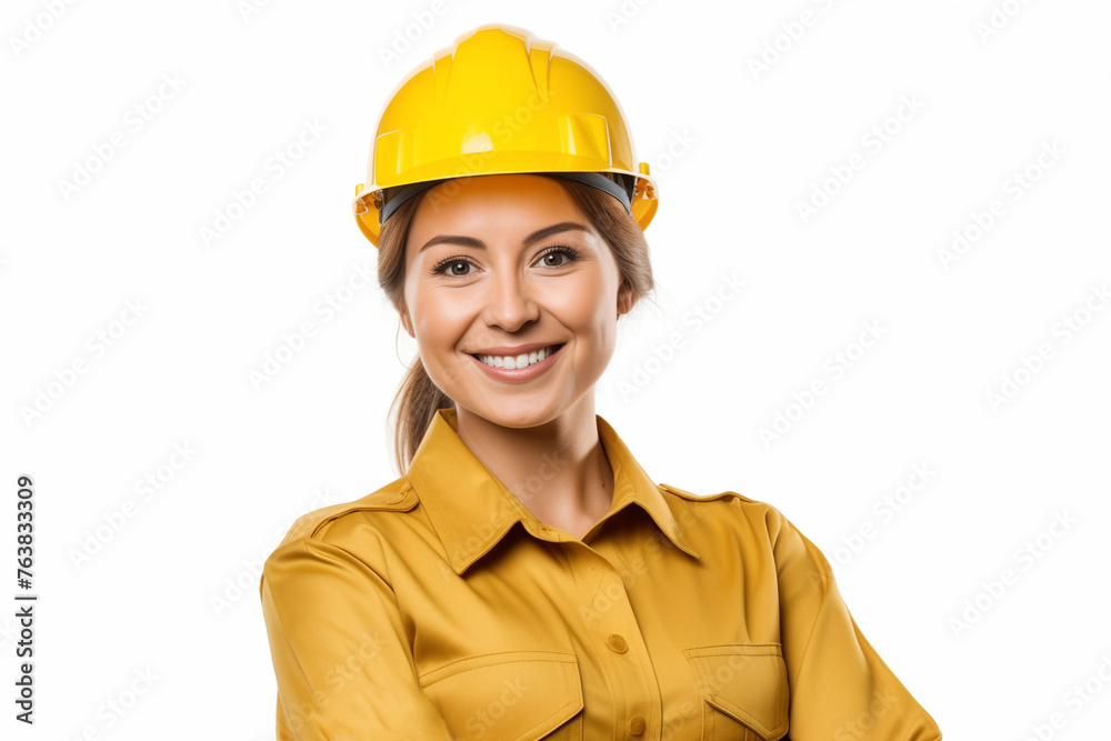 female worker in yellow helmet and work clothes isolated on white background female worker in yellow helmet and work clothes isolated on white background