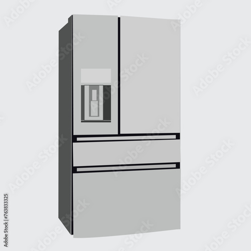 lat fridge vector. Closed and open empty refrigerator. Blue fridge with healthy food, water, meet, vegetables. Illustration fridge with food or shel