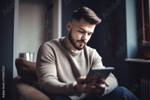 shot of a young man using a tablet at home