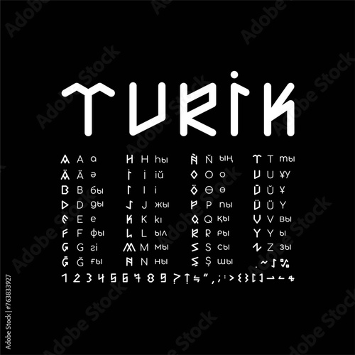 Turkic runic alphabet. In this alphabet, there are numbers and other symbols. Runic letters are accompanied by Latin and Kazakh letters