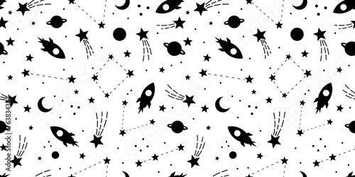 Galaxy pattern in black and white, rocket with shooting stars flat vector wallpaper, seamless repeating tile design