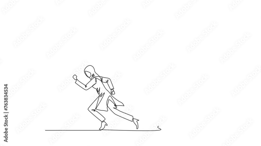 Animation of one line drawing of single one line drawing Arabian businesswoman running chased by pendulum paper rolls bills. Trying to run away from responsibility to pay the bills. Full length motion Animation of one line drawing of single one line drawing Arabian businesswoman running chased by pendulum paper rolls bills. Trying to run away from responsibility to pay the bills. Full length motion