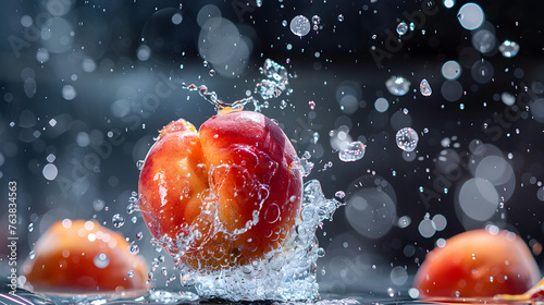 Plenty of water is poured over an apple against a black background ,Vibrant red apple making a splash, captured in high detail against a dark background
