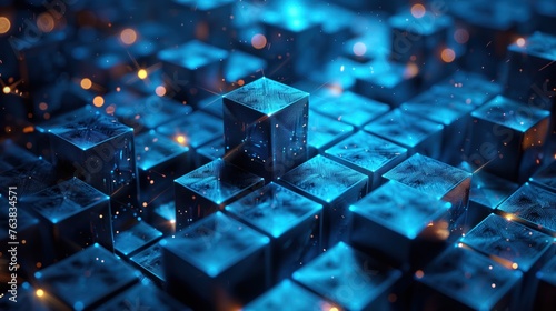 Illuminated Blue Cubic Structure in a Dark Cyberspace