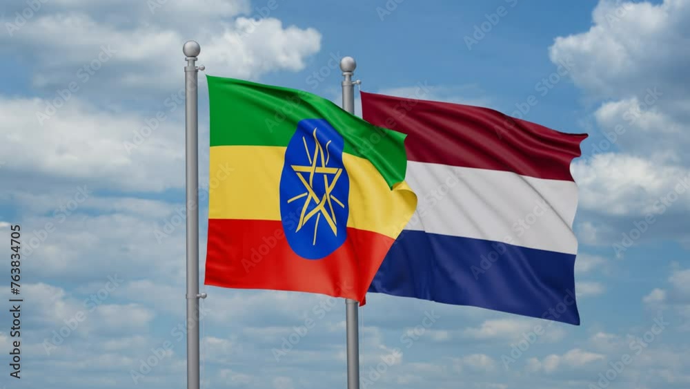 Netherlands and Ethiopia two flags waving together, looped video, two country relations concept Netherlands and Ethiopia two flags waving together, looped video, two country relations concept