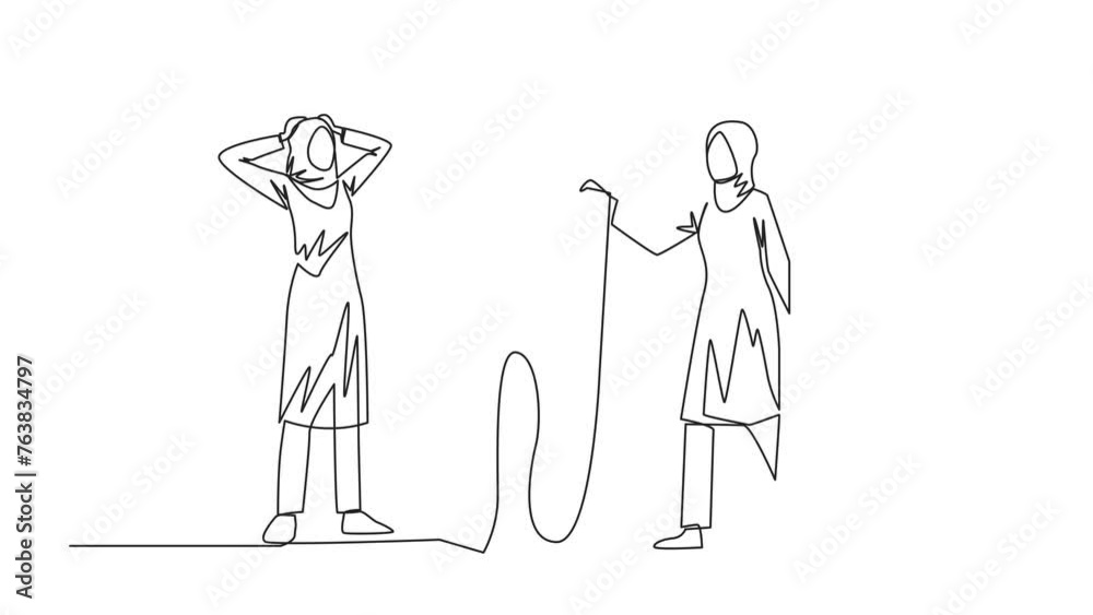 Animation of one line drawing of continuous one line drawing businesswoman standing facing businessman getting out of big smartphone holding long bill. Surprised by number of bills. Full length motion Animation of one line drawing of continuous one line drawing businesswoman standing facing businessman getting out of big smartphone holding long bill. Surprised by number of bills. Full length motion