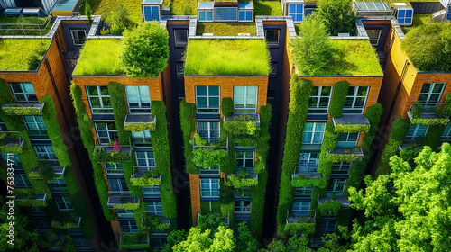 Top-Down View of Eco-Friendly Building Complex with Verdant Rooftop Gardens
