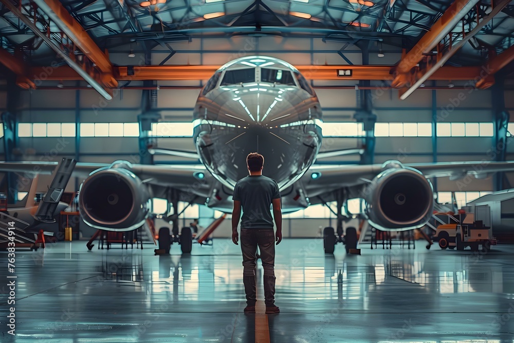 Adhering to Strict Aircraft Maintenance Protocol at MRO Facility. Concept Aircraft Maintenance, MRO Facility, Industry Standards, Regulatory Compliance, Safety Measures - obrazy, fototapety, plakaty 