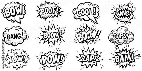Set of hand drawn elements doodle comics isolated on white background. Comic elements with text BOW, POW, WOW, BAM, BOOM, BANG