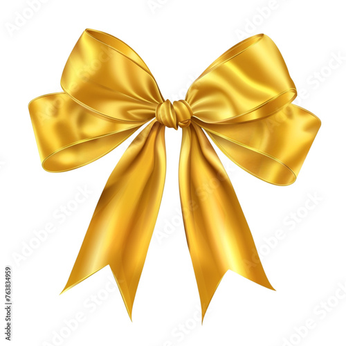 Decorative gold bow with a long yellow ribbon, isolated on a white background. Christmas and New Year holiday decoration. With clipping path