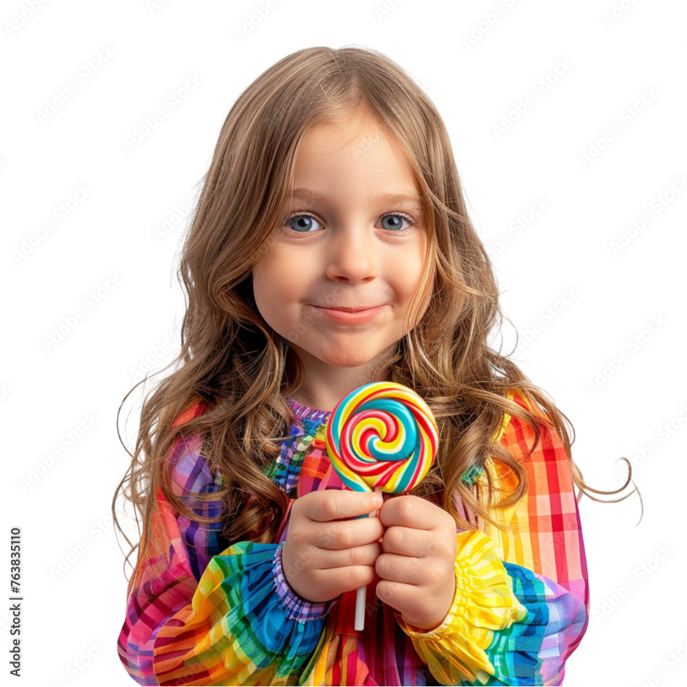 Girl pin up with candy in hands on a white background. With clipping path