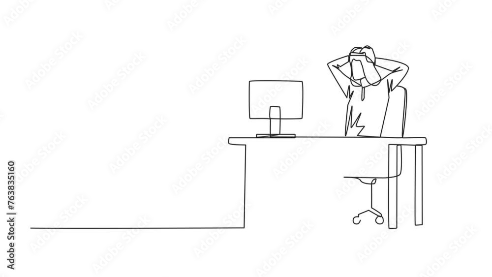 Self drawing animation of continuous one line drawing Arab businessman sitting in work chair is holding head with both hands. In front of monitor face reality of many unpaid bills.Full length animated Self drawing animation of continuous one line drawing Arab businessman sitting in work chair is holding head with both hands. In front of monitor face reality of many unpaid bills.Full length animated