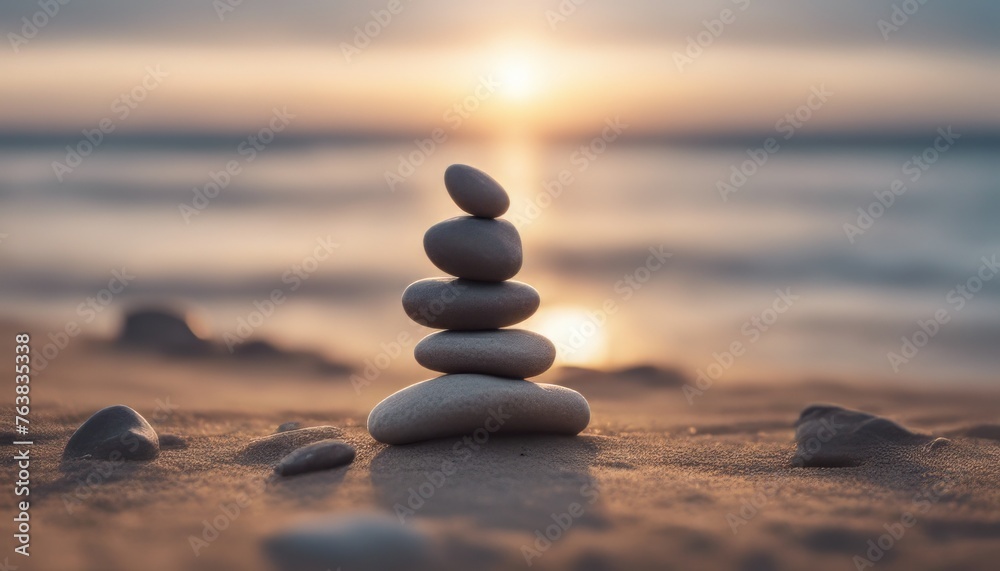 view of zen stones balanced on the beach sunrise light meditation
