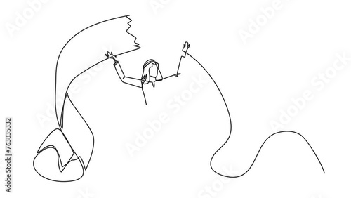 Self drawing animation of continuous one line drawing Arab businessman stood up tore off billing paper held above his head. Failing to pay bills makes a businessman emotions. Full length animated photo