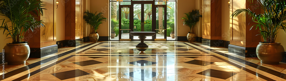 The lobby of a high-end hotel exudes luxury with its gleaming marble floors, elegant planters with lush greenery, and inviting natural light. The lobby of a high-end hotel exudes luxury with its gleaming marble floors, elegant planters with lush greenery, and inviting natural light.