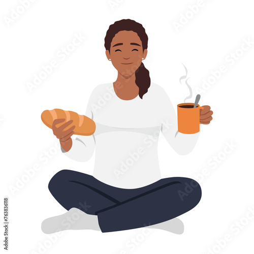 Smiling young woman eating sandwich drinking coffee. Flat vector illustration isolated on white background