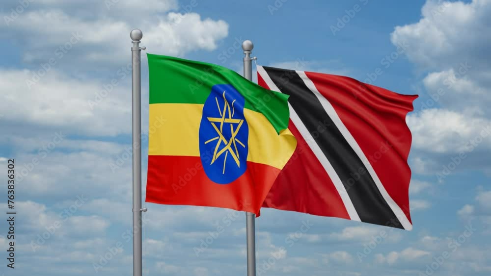 Trinidad and Tobago and Ethiopia two flags waving together, looped video, two country cooperation concept Trinidad and Tobago and Ethiopia two flags waving together, looped video, two country cooperation concept
