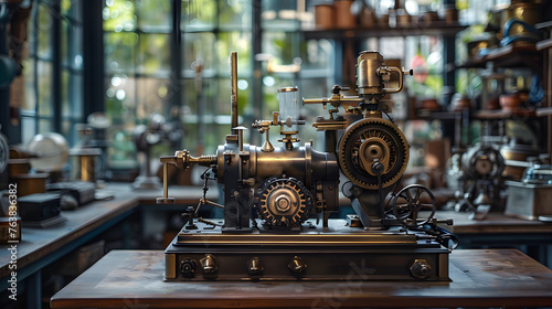 Steampunk Machinery Detail and Complexity on the Wooden Table.