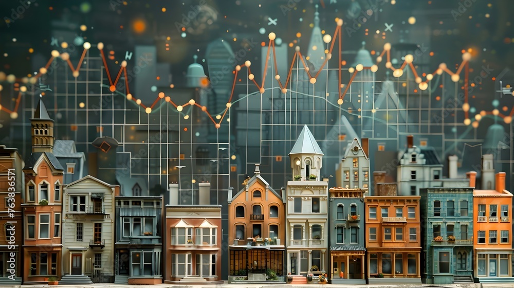 A Whimsical Miniature Cityscape Reflecting a Prosperous Real Estate Market with Ascending Architectural Styles and Data Visualization