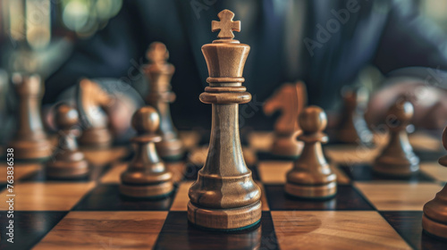 Close-up of a king chess piece on a wooden board, symbolizing strategy, leadership, and the critical moments of a chess game.