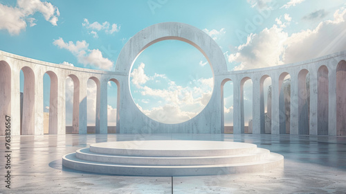 An architecturally striking circular stage set within a series of grand arches, under a clear blue sky, exudes serenity and innovation in design. photo
