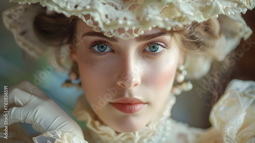 Captured in a striking portrait, a woman dressed in Victorian-inspired attire captivates with her pensive gaze against a soft backdrop.