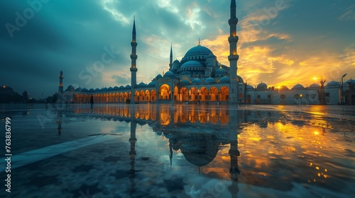 The warm hues of sunset bathe an ornate mosque, reflecting in the water before it. The symmetry of the architecture and reflections creates a stunning visual harmony in the peaceful evening.