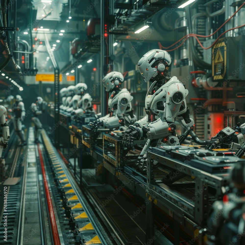 A futuristic assembly line filled with white robots, illuminated by moody artificial lighting. These machines represent the pinnacle of automation, tirelessly assembling products with precision.