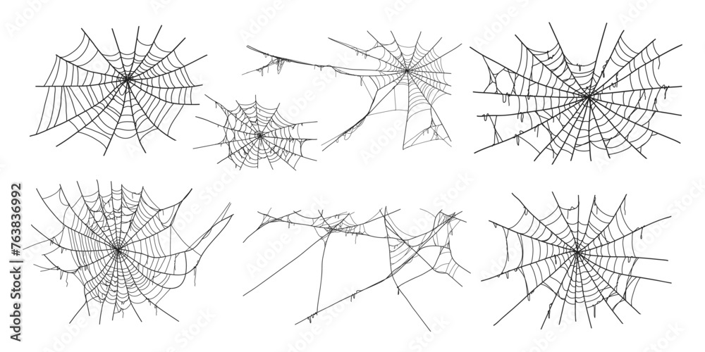 Spooky halloween old spider web with various sizes and shapes. Old cobweb set vector illustration for dark gothic decoration for holidays. Corner spider net insect thread cobweb scary frames. - obrazy, fototapety, plakaty 