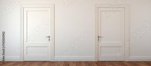 A room featuring two pristine white doors, a wooden floor, and a sleek white wall