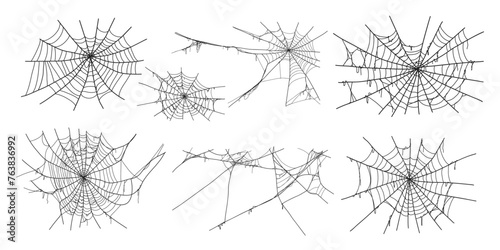 Spooky halloween old spider web with various sizes and shapes. Old cobweb set vector illustration for dark gothic decoration for holidays. Corner spider net insect thread cobweb scary frames. photo
