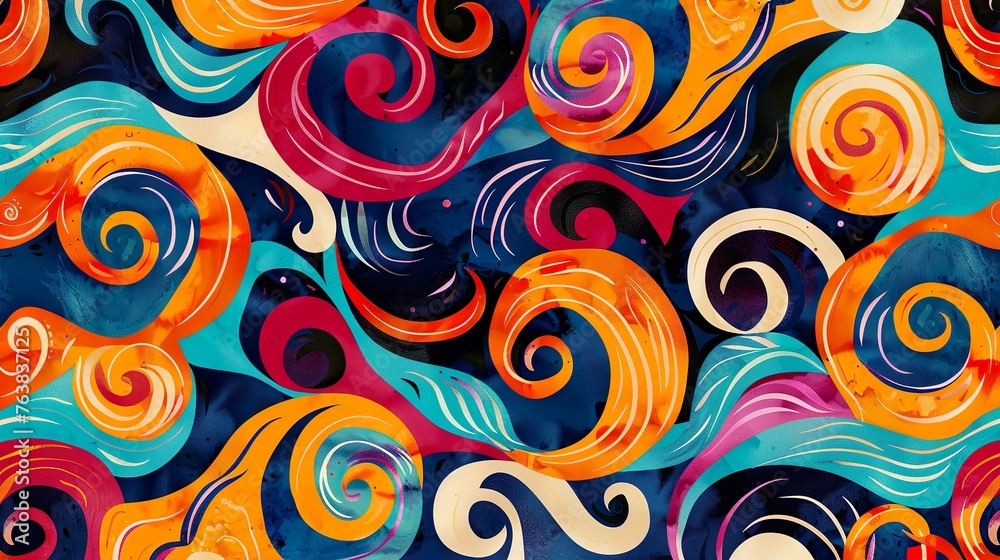A batik motif with abstract swirls and bright colors, ideal for adding a playful and vibrant look to designs A batik motif with abstract swirls and bright colors, ideal for adding a playful and vibrant look to designs