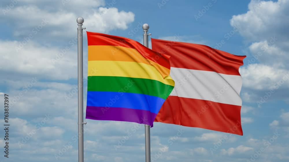 Austria and LGBT movement flag also Gay Pride two flags waving together, looped video, two country relations concept Austria and LGBT movement flag also Gay Pride two flags waving together, looped video, two country relations concept