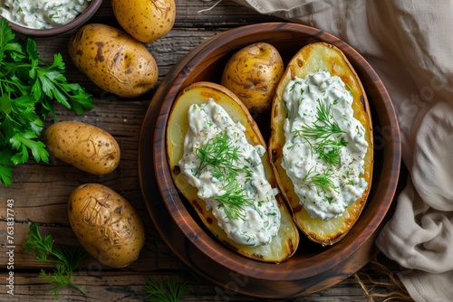 baked potatoes covered with sour cream sauce, top view, on wooden plate