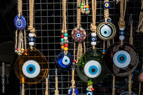 Nazar Boncuk Turkish "evil eye" amulets for sale in old town Kaleiçi, Antalya, Turkey 
