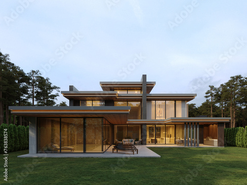 Luxury contemporary style house with flat roof and panoramic windows 