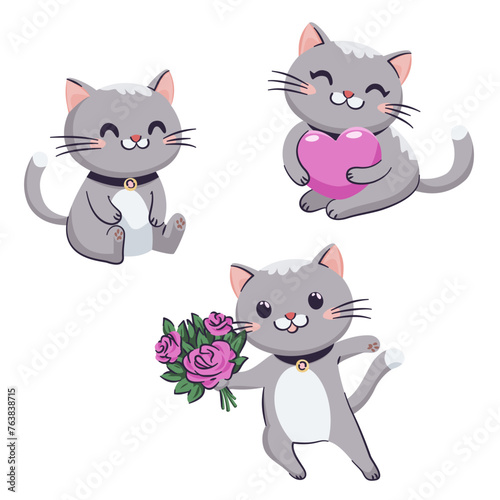 Urocze kotki. Słodkie szare zwierzaki, serce i bukiet róż. Ilustracja wektorowa.