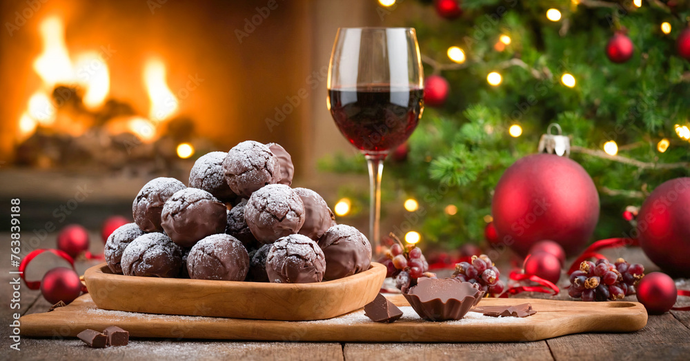Festive spirit with delightful spread of chocolate truffles, red wine, and holiday decorations on cozy wooden table.