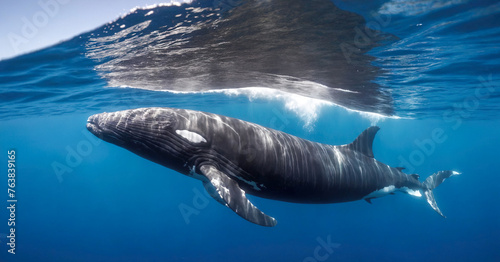 Breathtaking underwater encounter with humpback whale in the serene blue waters of the caribbean sea. photo