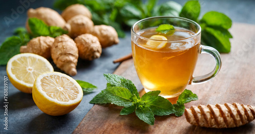 Inviting cup of ginger tea with lemon and mint, amidst rustic kitchen charm.