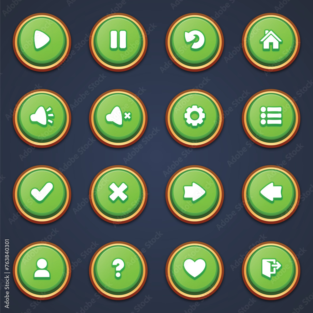 An array of round green buttons framed with a wooden outline, featuring common game action icons An array of round green buttons framed with a wooden outline, featuring common game action icons