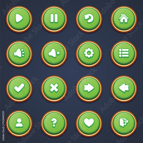 An array of round green buttons framed with a wooden outline, featuring common game action icons