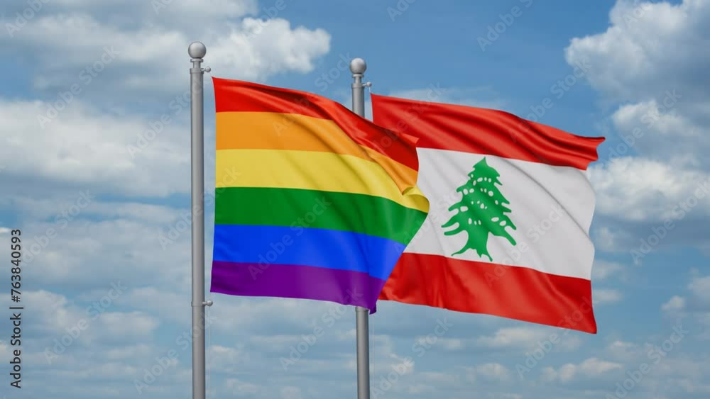 Lebanon and LGBT movement flag also Gay Pride two flags waving together, looped video, two country cooperation concept Lebanon and LGBT movement flag also Gay Pride two flags waving together, looped video, two country cooperation concept